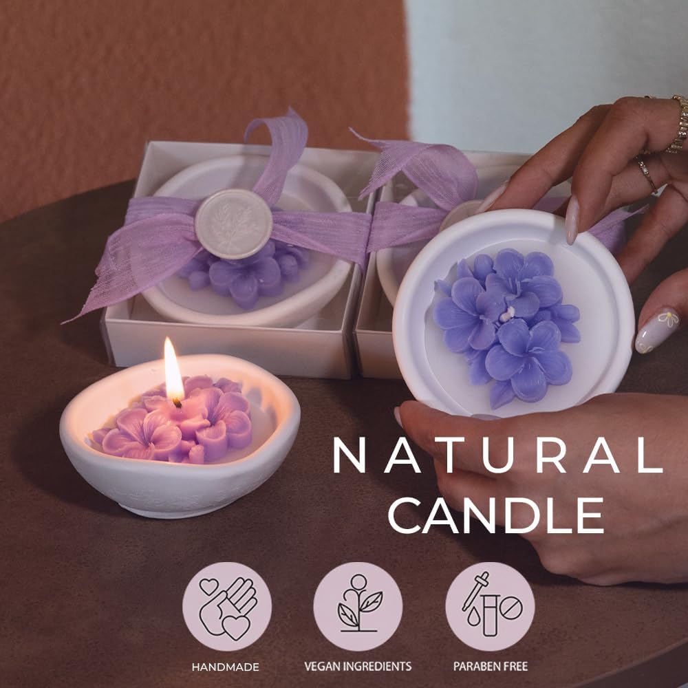 Purple Violet Scented Soy Wax Candles Set of 6 in Ceramic Bowls, Elegant Thank You Gifts for Wedding, Bridal Shower, Party Guests, & Home Decor