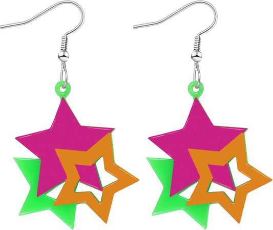 80s 90s Neon Earrings for Women Retro Cassette Tape Hoop Earring Candy Color Lightweight Acrylic Stud Dangle Earrings for 80S Costume Outfits Dancing Glow Party Accessories