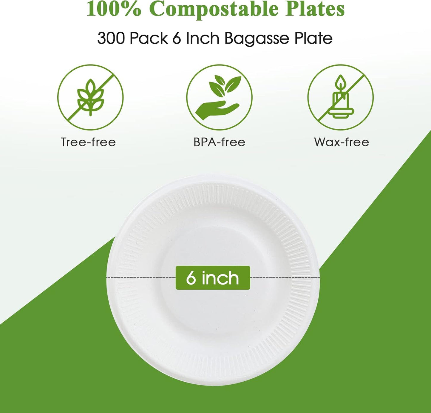 Vplus 100% Compostable Small Paper Plates, 300 Pack 6 Inch Disposable Paper Plates, Uncoated Biodegradable, Made of Sugar Cane Fibers, Perfect for Sandwich, Cake, and Snack