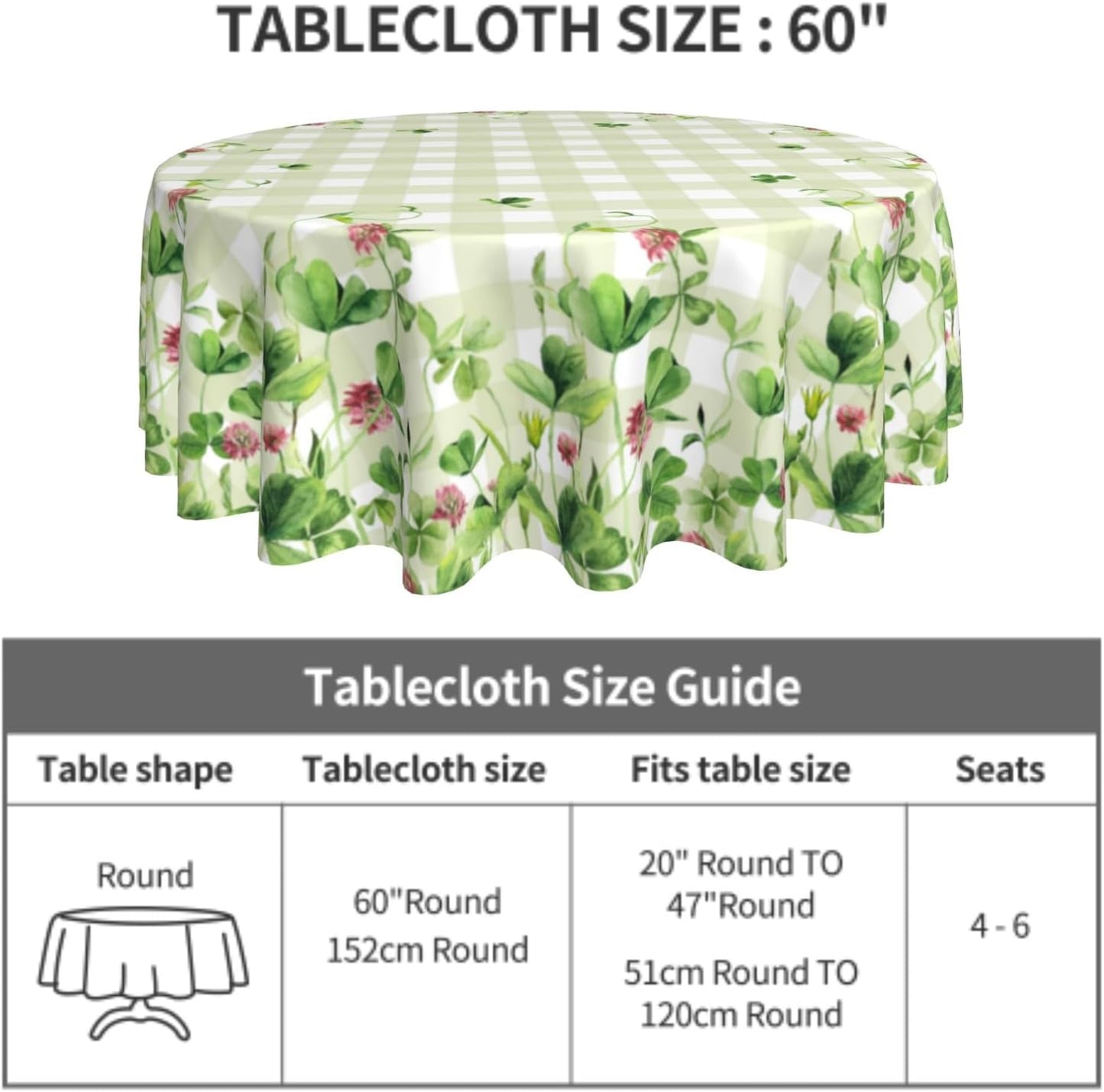 Giwawa St Patricks Floral Tablecloth Round 60Inch Watercolor Clover Shamrock Flowers Table Cover with Green Buffalo Plaids Decorative Washable Table Cloth for Kitchen Dining Holiday Party