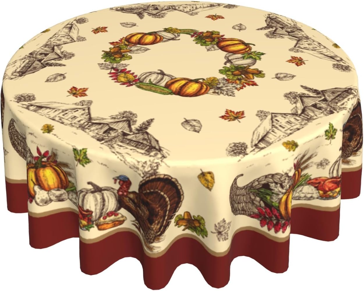 Giwawa Thanksgiving Round Tablecloth Rustic Fall Turkey Autumn Pumpkins Harvest Reusable Heat Resistant Waterproof Table Cloth Cover 60Inch for Kitchen Dining Holiday Farmhouse Decor