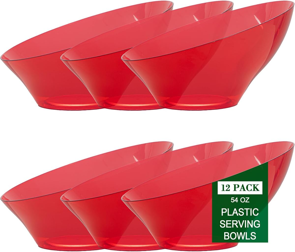 bUCLA 12 Pack Clear Red Plastic Serving Bowls - 54 OZ Christmas Angled Serving Bowls Disposable for Chip, Candy, Salad & Fruit - Ideal for X’mas Party