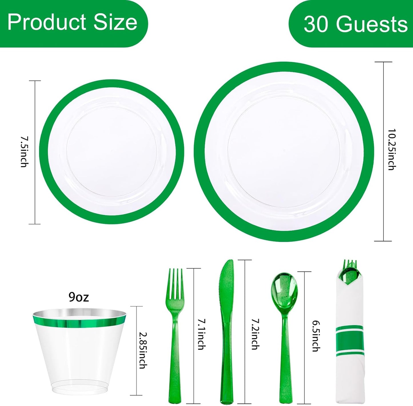 I00000 210 Pcs Green Plastic Plates-St. Patrick's Day Green Dinnerware for Party, Include 30 Dinner and 30 Dessert Plates,30 Plastic Cups 9 OZ,30 Per Rolled Napkins with Cutlery for Party