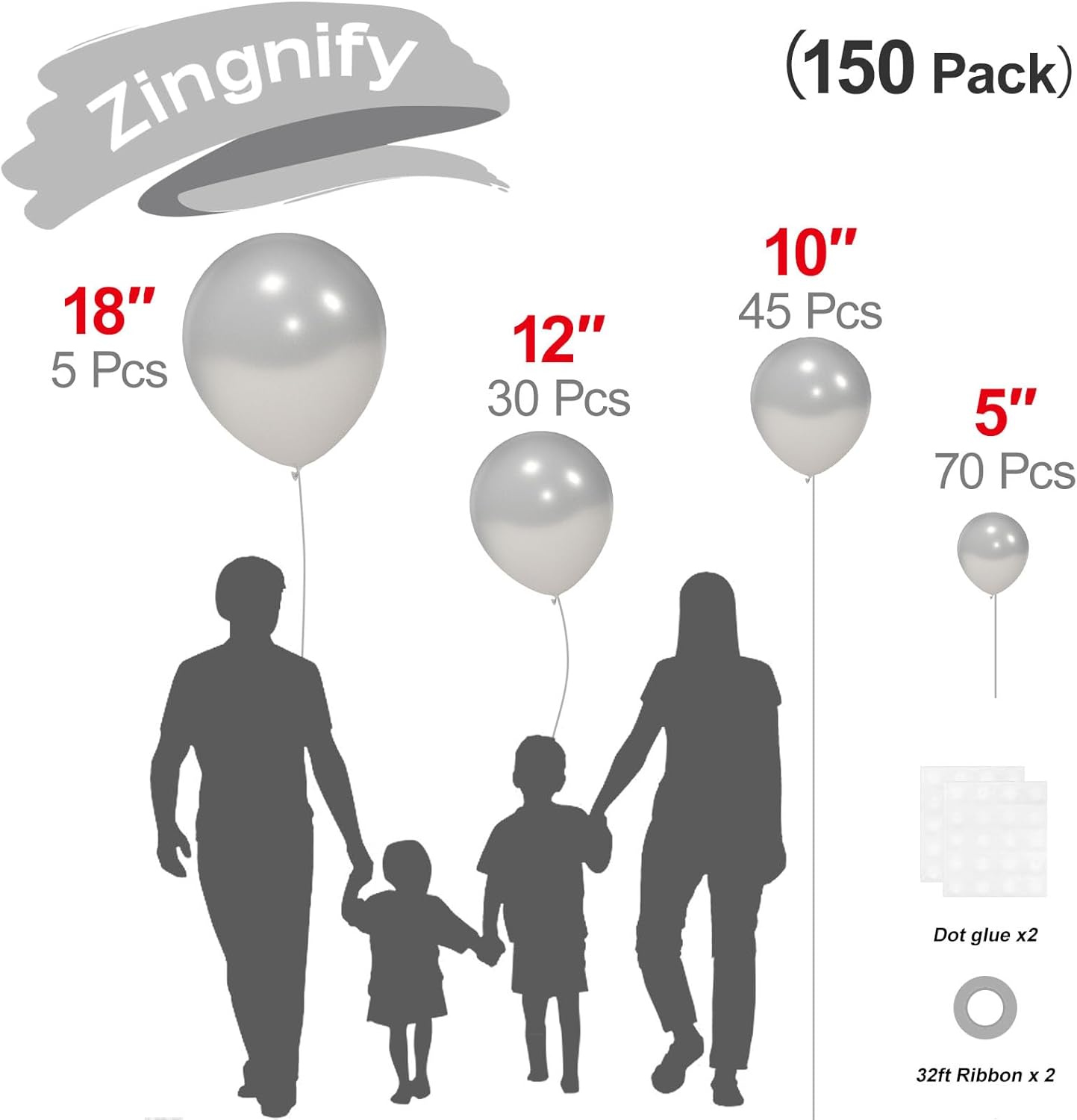 Pearl Silver Balloons, 150 pcs Different Sizes Pack of 18 Inch 12 Inch 10 Inch 5 Inch Shimmery Silver Balloons for Balloon Garland Balloon Arch as Birthday Party Wedding Decorations