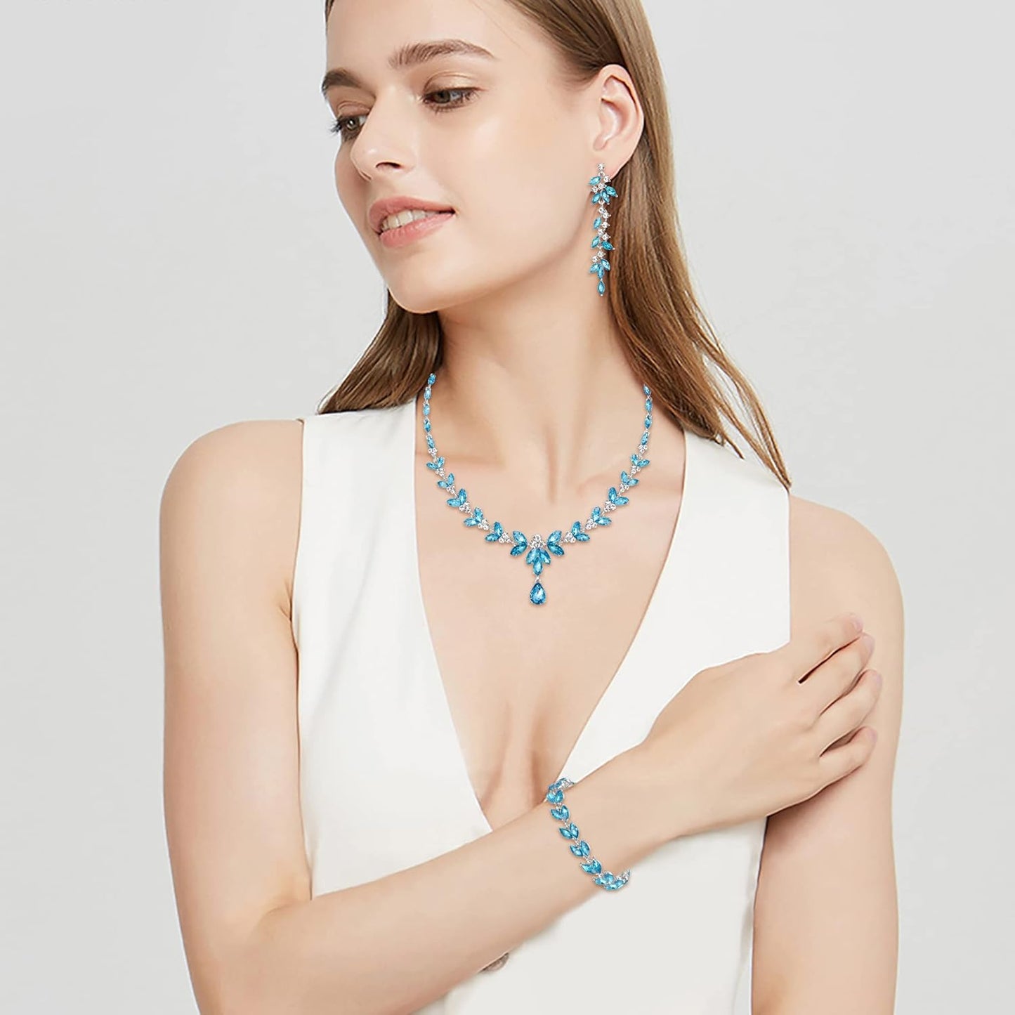 EVER FAITH Austrian Crystal Bridal Bridesmaid Jewelry Sets, Elegant Marquise Rhinestone Leaf Necklace Dangle Earrings Tennis Bracelet Set for Women