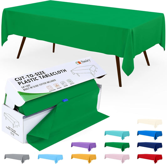 Smiry 54 Inch x 100 Feet Disposable Table Cover Roll, Green Plastic Table Cloth in Cut-to-Size Box with Slide Cutter, Waterproof Rectangle Tablecloths for Weddings, Banquets, Outdoor