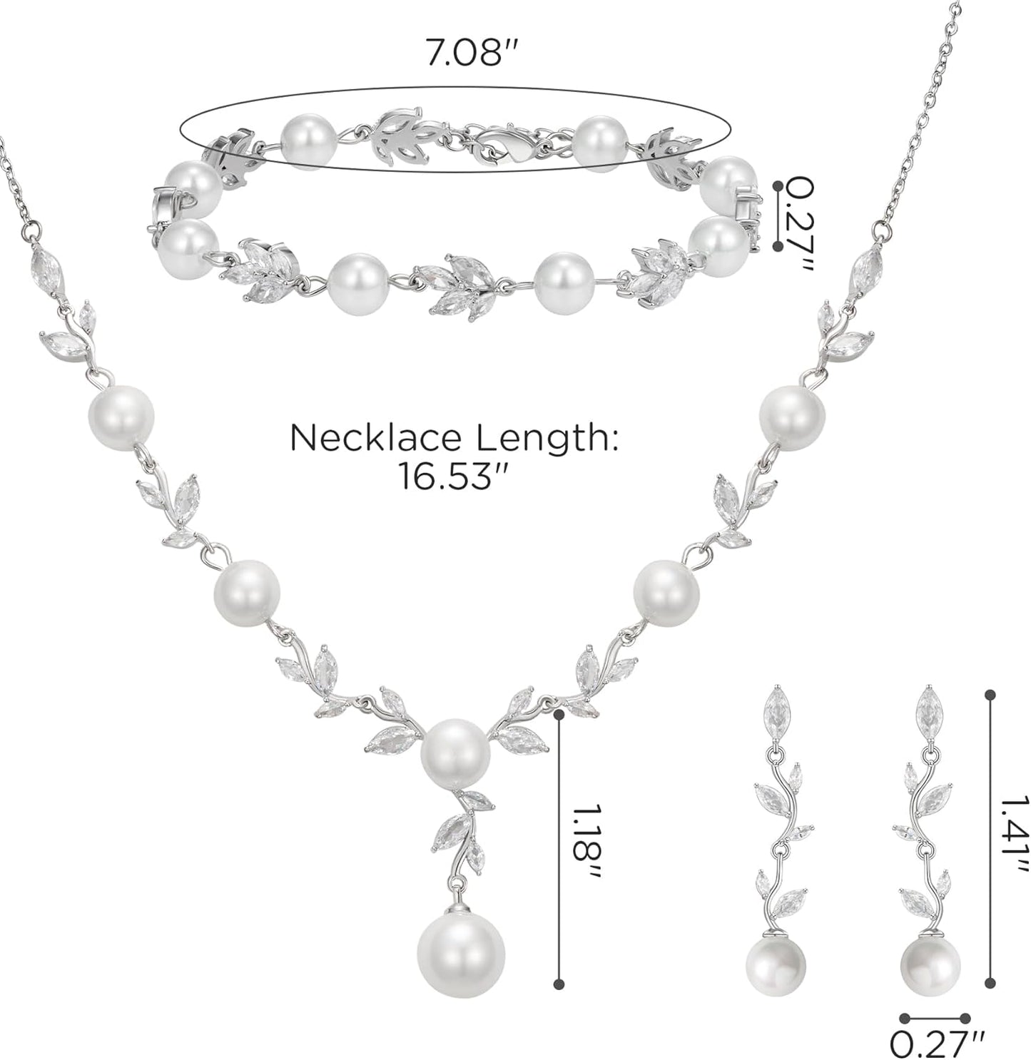 SWEETV Jewelry Set for Bride Women, Cubic Zirconia Pearl Bridal Earrings Necklace Bracelet Set, Bridal Jewelry Set for Wedding Prom