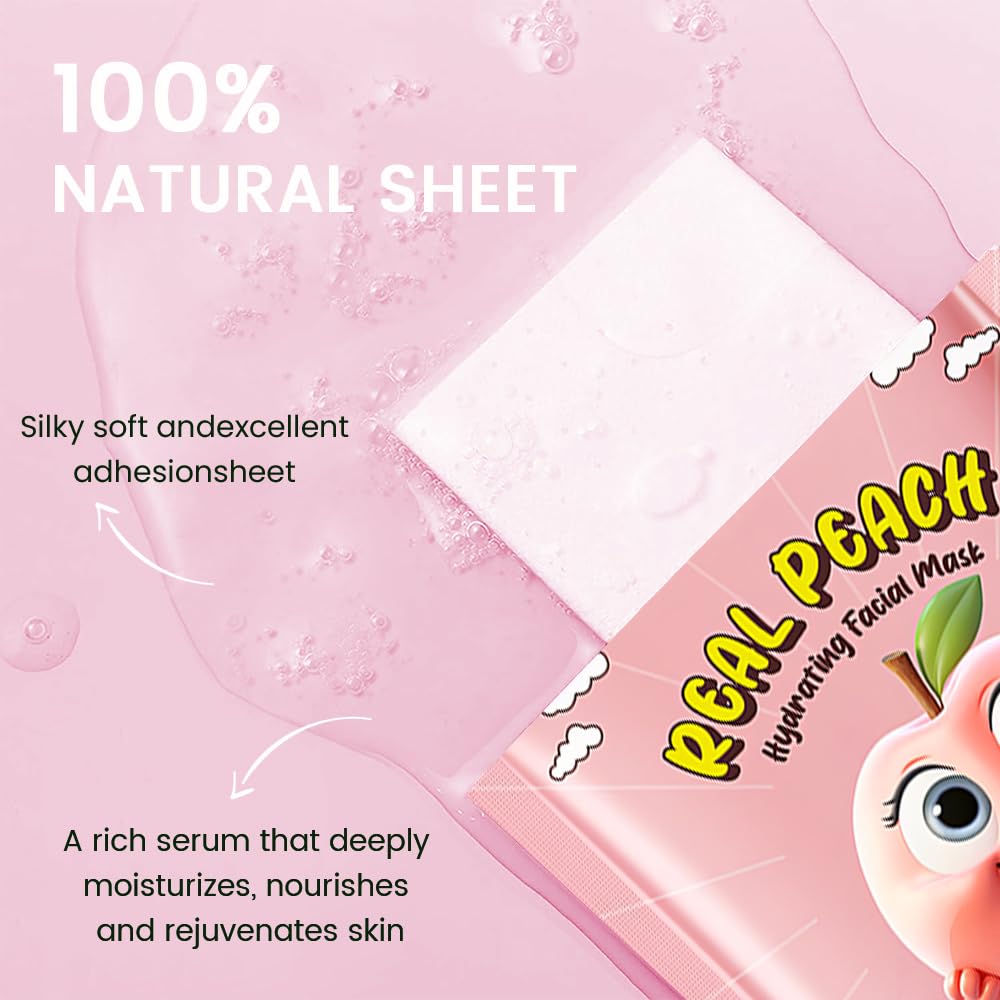 Kaely 12 Pack Peach Face Masks for Kids, Kids Face Mask Spa Day Kit Supplies, Spa Party Favors for Teens Girls Women, Sheet Facial Mask Skincare Gifts Set, Moisturize Soothe for All Skin Types, 08