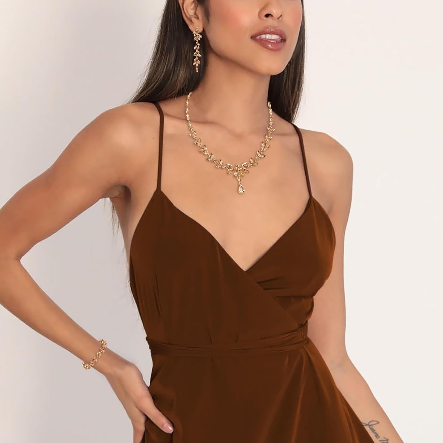 EVER FAITH Austrian Crystal Bridal Bridesmaid Jewelry Sets, Elegant Marquise Rhinestone Leaf Necklace Dangle Earrings Tennis Bracelet Set for Women