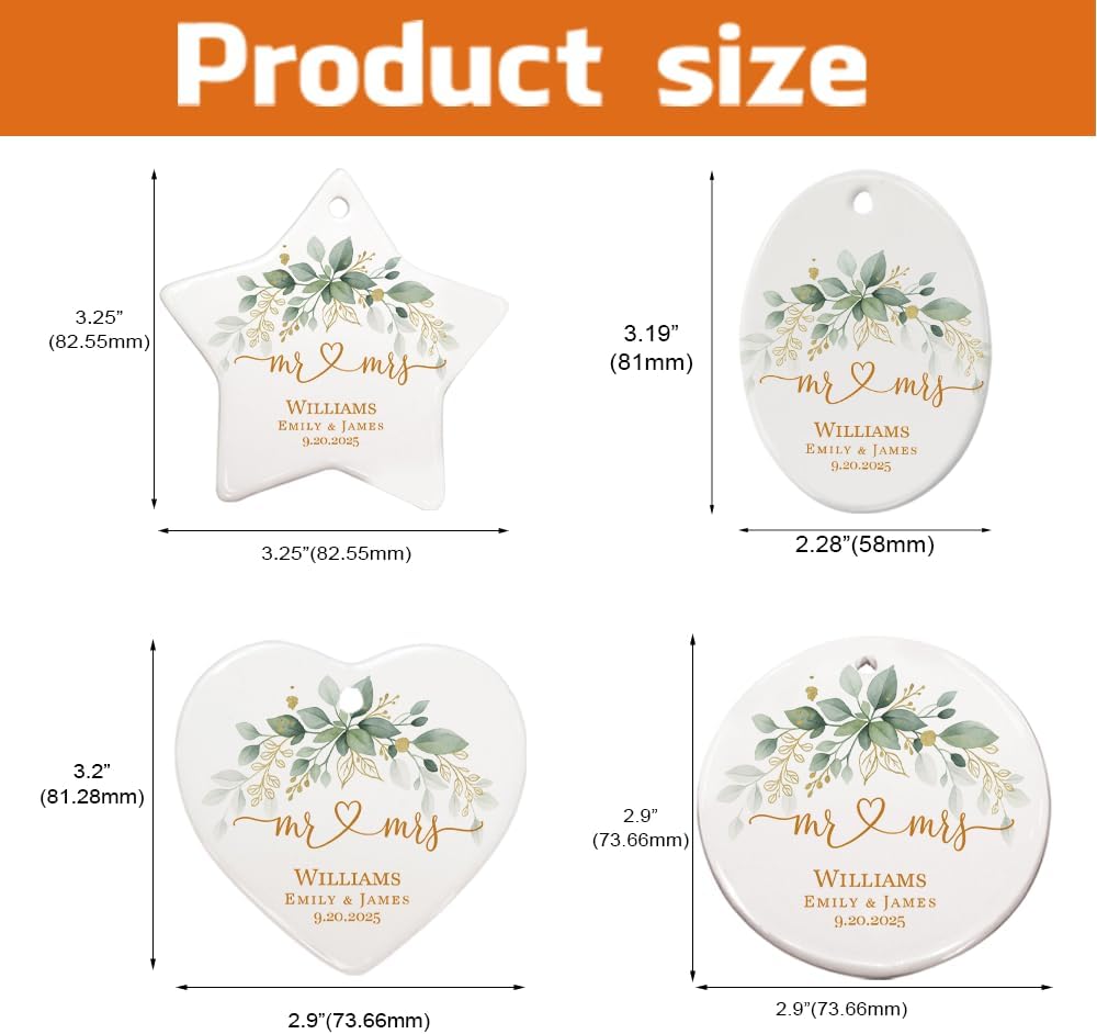 Personalized Mr and Mrs Wedding Ornament with Last Name and Date, Custom Heart Botanical Christmas Keepsake for Newlyweds – Romantic Wedding Gifts for Couple