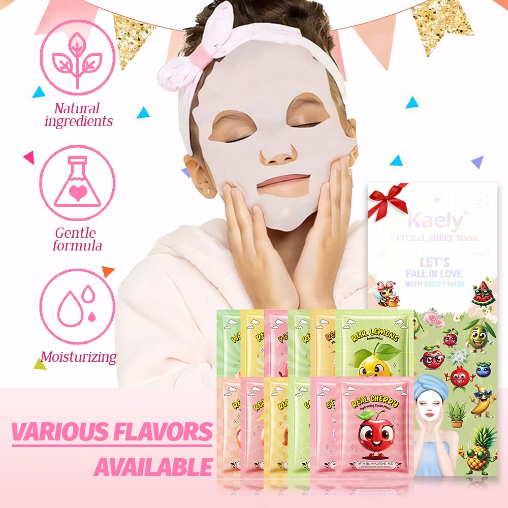 Kaely 12 Pack Fruit Face Masks for Kids, Kids Face Mask Spa Day Kit Supplies, Spa Party Favors for Teens Girls Women, Sheet Facial Mask Skincare Gifts Set, Moisturize Soothe for All Skin Types, 02