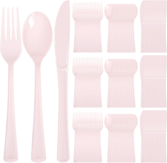 Supernal 300 Pieces Pink Plastic Silverware Heavy Duty Disposable Silverware Pink Utensils Disposable Cutlery Set 100 Forks 100 Knives 100 Spoons for Wedding Party Supplies Everyday Use