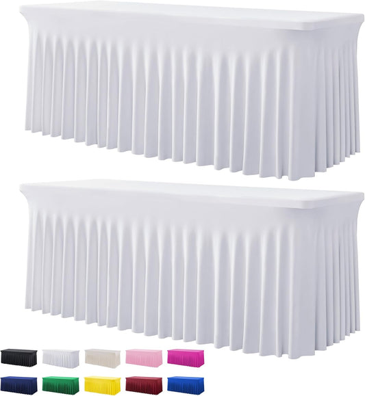 2 Pack White Spandex Table Clothes for 6 Foot Rectangle Tables, Wrinkle Free Fitted Table Cover 6ft Stretch Tablecloths Desk Skirt for Parties Weddings Birthday Banquet Baby Shower