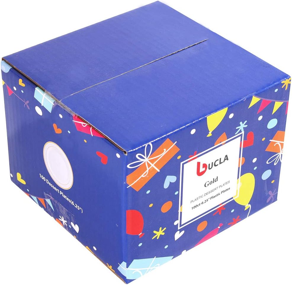 bUCLA 100Pieces Gold Plastic Plates - 6.25inch White with Gold Rim Disposable Salad/Dessert/Appetizer/Small Cake Plates Premium Hard - Ideal for Wedding, Party & Thanksgiving