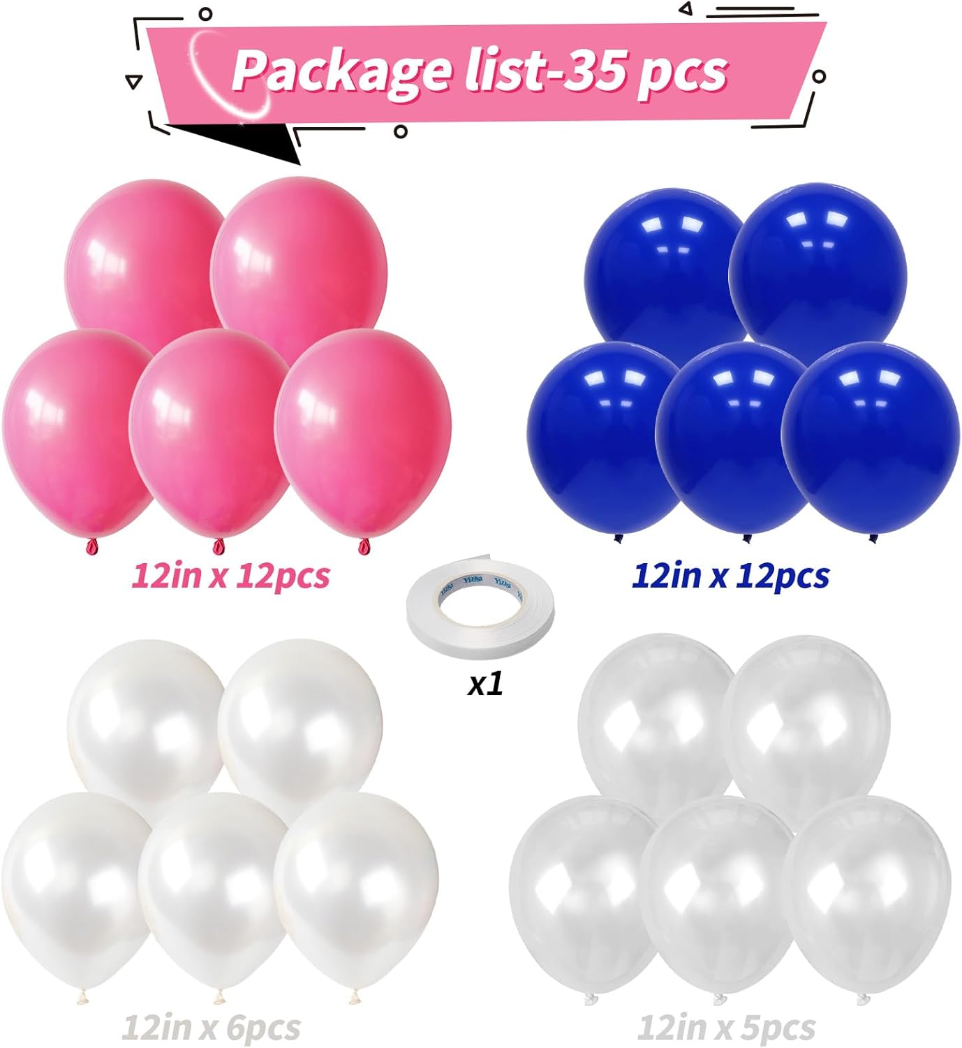 Pink Blue White Balloons, 12 Inch Royal Blue Hot Pink Fuchsia Pearl White Clear Latex Party Helium Balloon for Girls Berry Blueberry Baby Shower Gender Reveal Birthday Pool Tropical Party Decorations