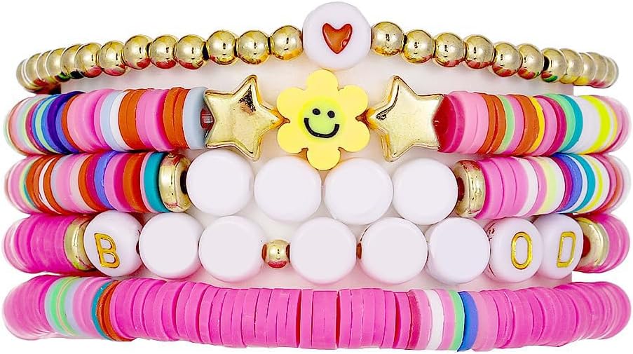 Friendship Bracelets for Women - Heishi Surfer Colorful Smile Evil Eye Clay Beaded Stretch Bracelets Elastic Layering - Stackable Boho Disc Y2K Aesthetic Summer Jewelry Set.