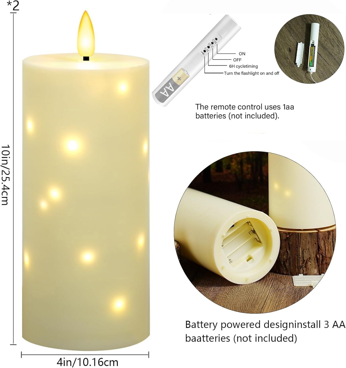 4" x 10" Large Outdoor Waterproof Flickering Flameless Candles with Timer,2Pcs Battery Operated LED Pillar Candles with Embedded Star String for Outdoor Lanterns,Porch,Patio Decor(Ivory)