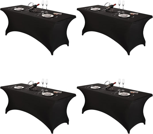 FORLIFE 4Pack Spandex Table Covers，Fitted Tablecloth for Rectangular Tables, Stretch Patio Table Covers, Universal Spandex Table Cover for Wedding, Banquet, Party (6ft, Black)