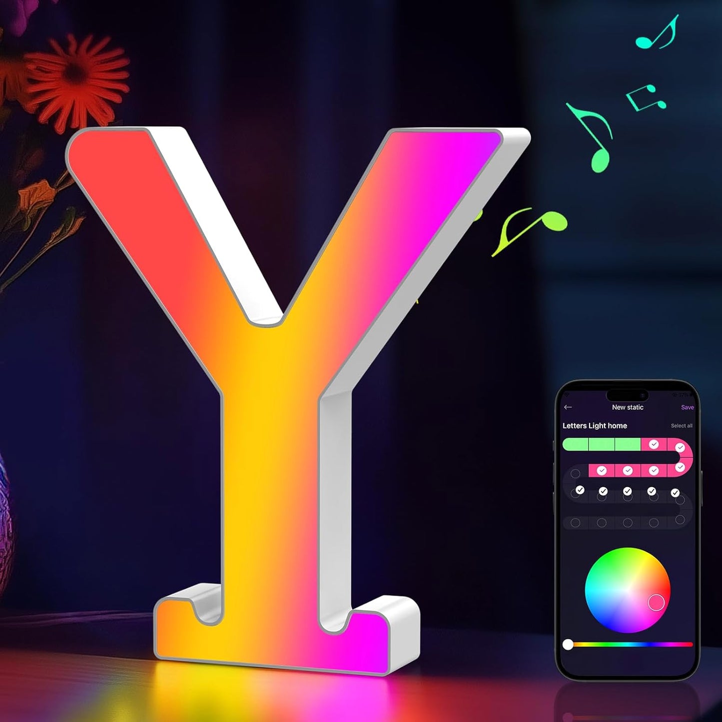 Light Up Letters Marquee Letter - Music Sync RGB Color Changing LED Lights Letter Logo Game Lights for Girls Women Party Birthday Christmas Valentine's Day Wall Desktop Decoration (MRGB-Y)