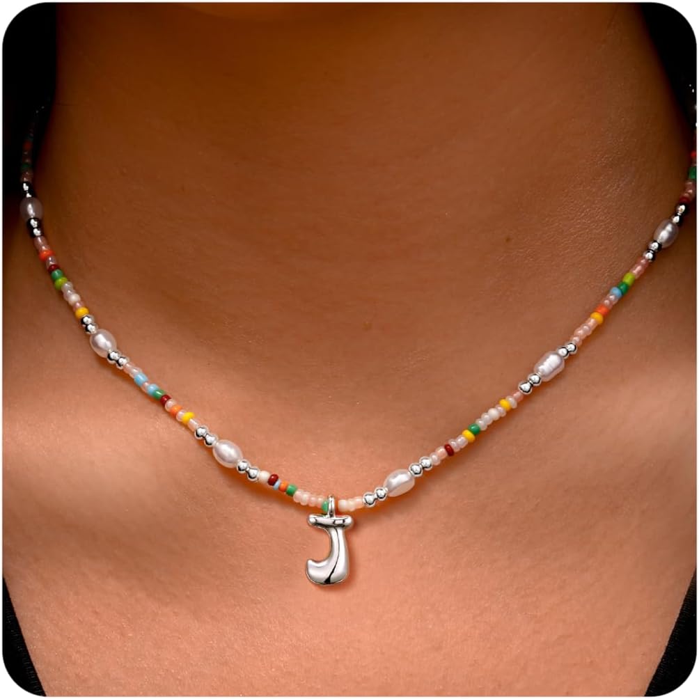 Ritach Initial Necklaces for Women Girls - Christmas Gifts for Grandkids Light Colorful Beaded Pearl Initial Necklace Gold/Silver Bubble Pendant Letter Necklace Stocking Stuffers for Teen Girls Women