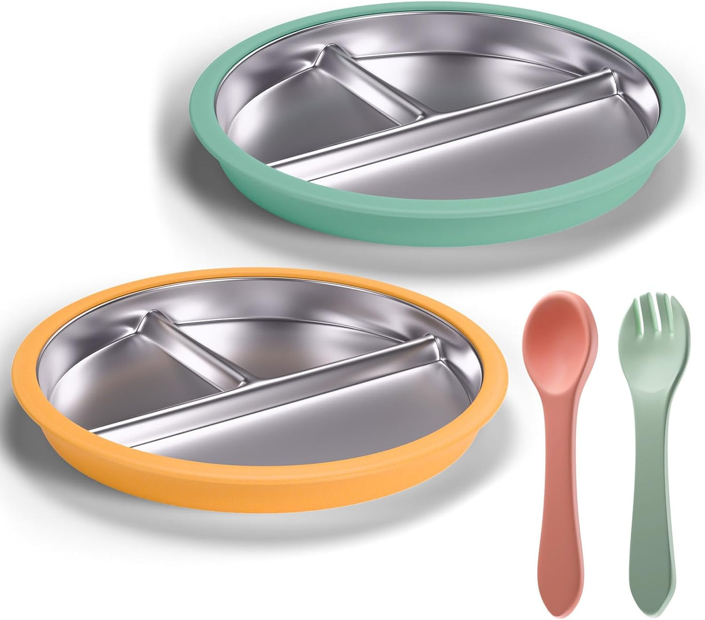 Stainless Steel Toddler Plate with Suction, 9” Divided Plates with Removable Silicone Sleeves for Kids, Non Toxic & BPA Free | Non Slip | Unbreakable Baby Snack Dishes Set of 2, Green & Orange