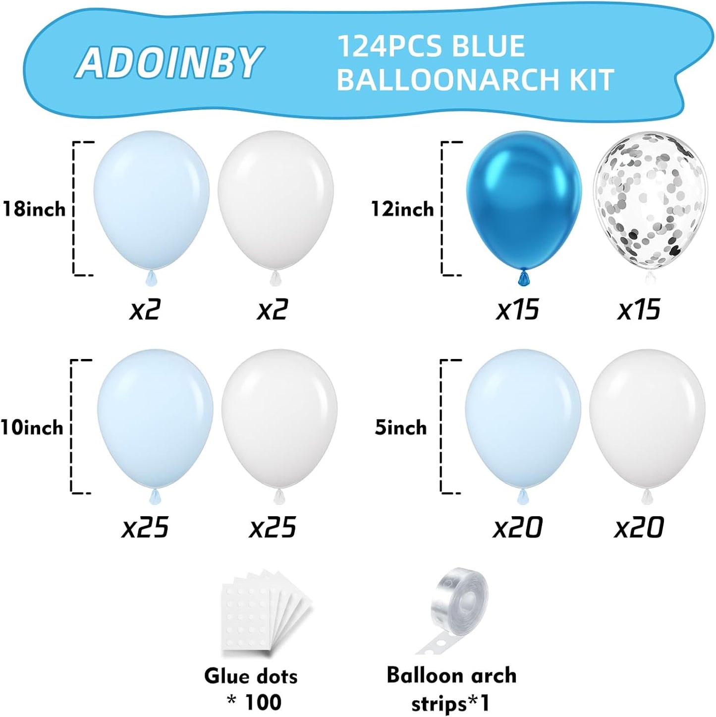 Blue Balloon Arch Kit, 124Pcs Metallic Blue White and Silver Confetti Balloons Different Size Balloons for Baby Shower Bridal Shower Birthday Wedding Bachelorette Anniversary Party Decorations