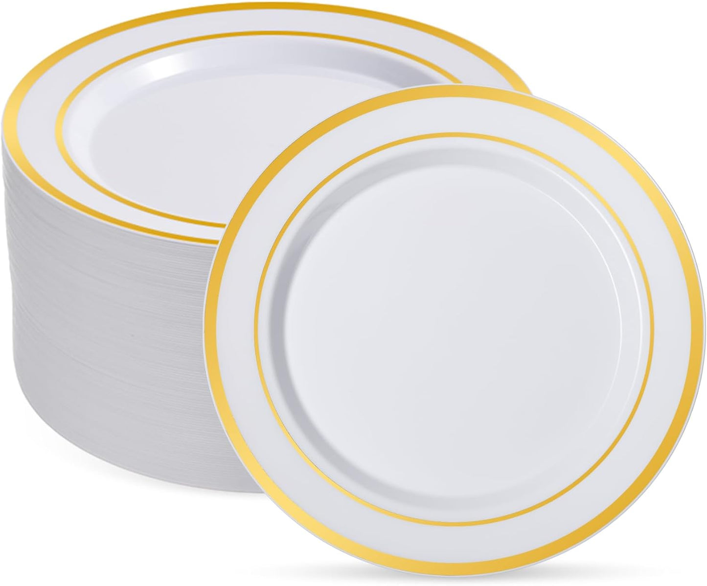 Goodluck 100PCS Gold Plastic Plates, 10.25 Inch Dinner Plate with Gold Rim, Heavy Duty Disposable Plastic Plates for Party, Wedding, Birthday & Daily Use