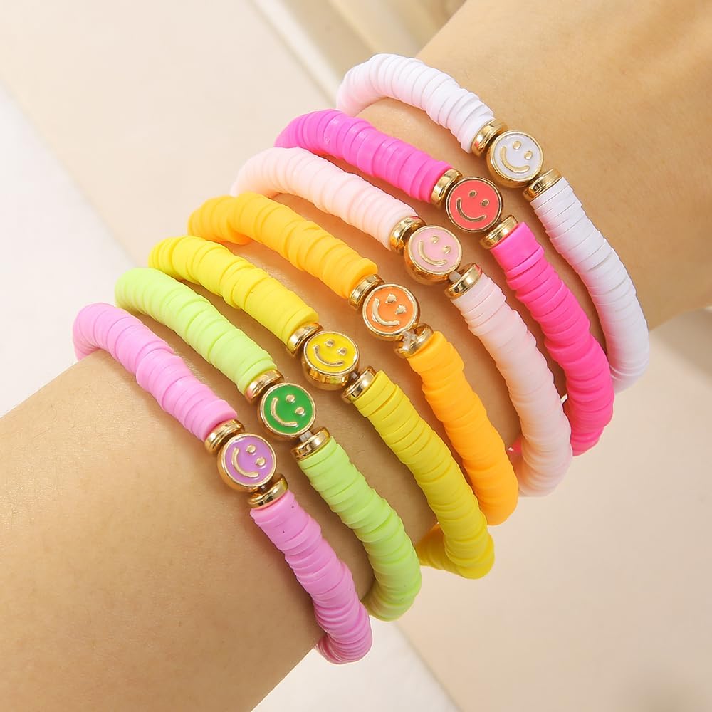 Friendship Bracelets for Women - Heishi Surfer Colorful Smile Evil Eye Clay Beaded Stretch Bracelets Elastic Layering - Stackable Boho Disc Y2K Aesthetic Summer Jewelry Set.