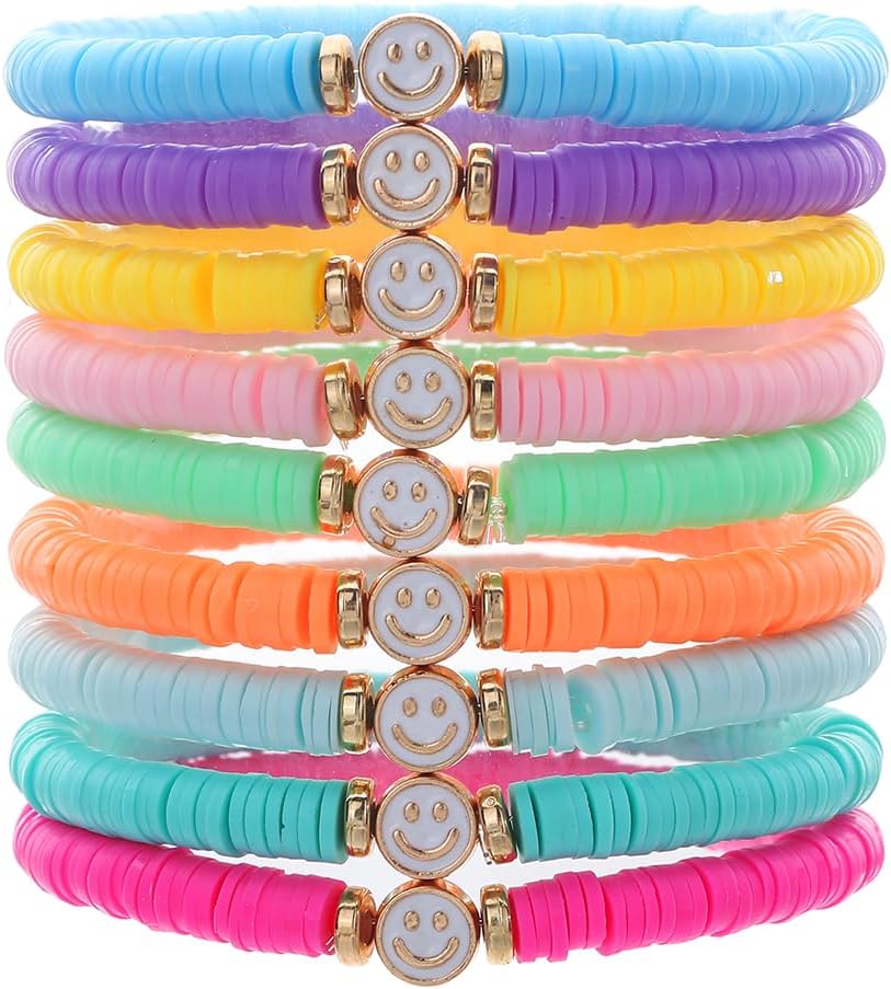 Friendship Bracelets for Women - Heishi Surfer Colorful Smile Evil Eye Clay Beaded Stretch Bracelets Elastic Layering - Stackable Boho Disc Y2K Aesthetic Summer Jewelry Set.