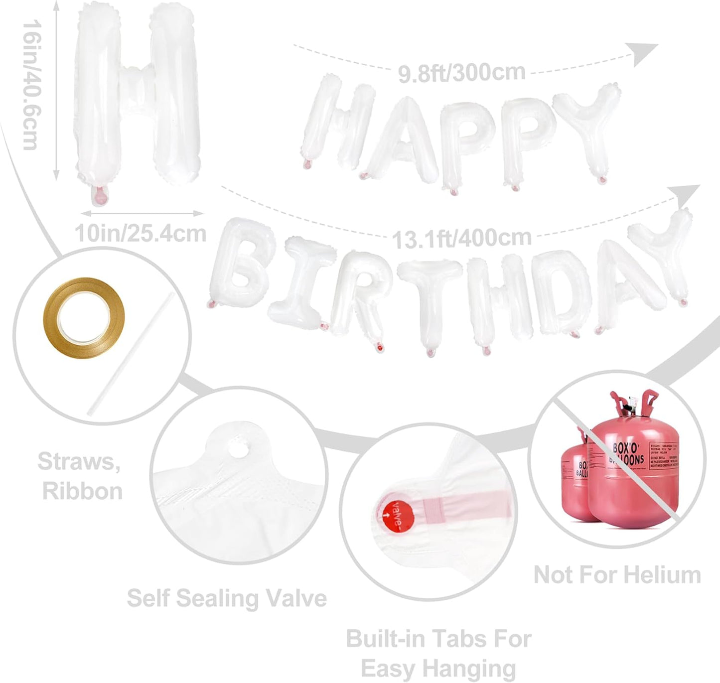 LIOZEOKUN Happy Birthday Balloon Letters 16 inch Mylar Foil Birthday Balloons Banner Sign for Birthday Party Decorations Supplies (White)