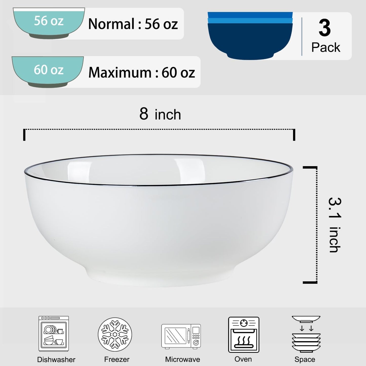 60 oz Large Soup Bowl, Pho Bowls, 8-Inch Rimmed Off-White Porcelain Bowls Set of 3, Perfect for Hearty Meals and Serving