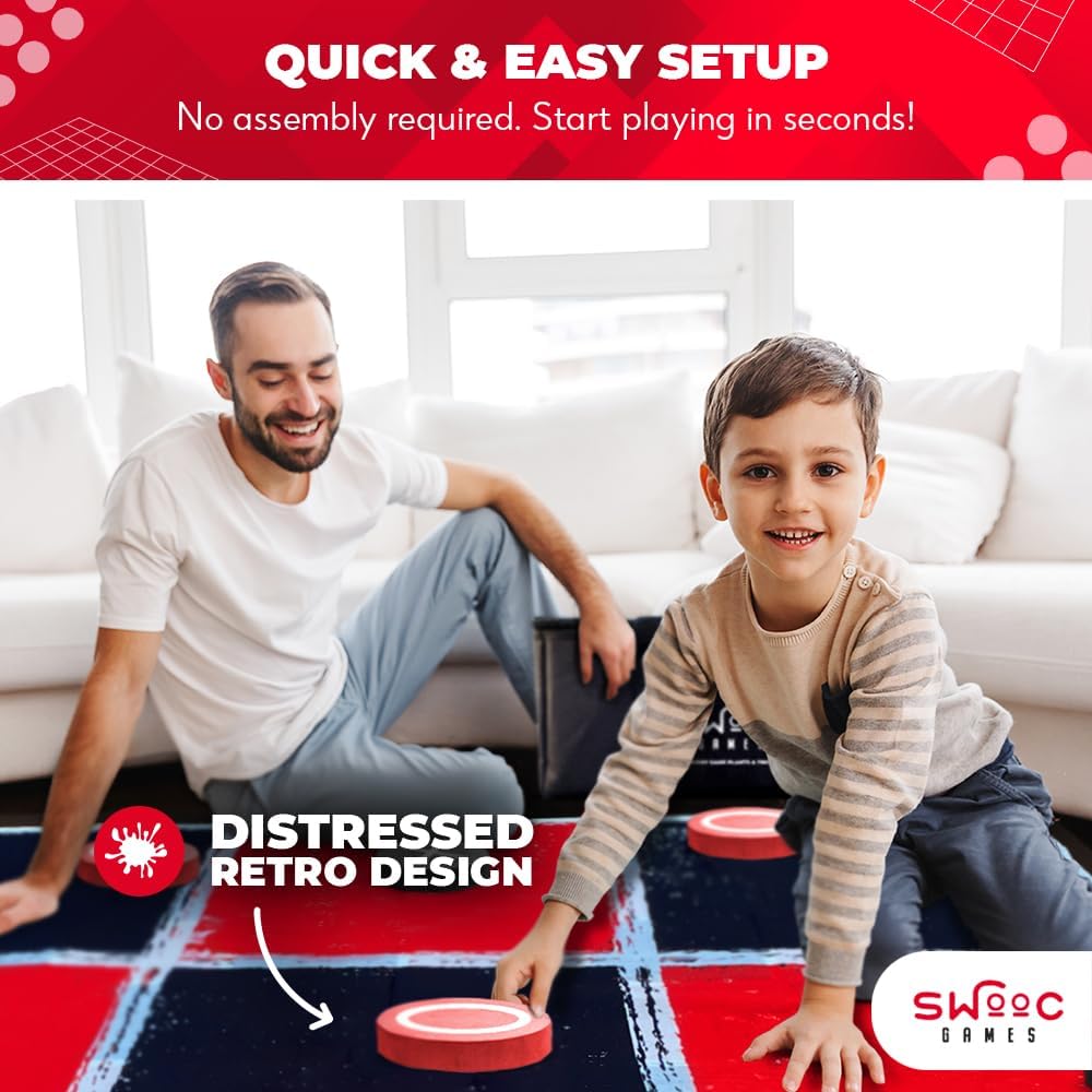 Swooc Games® - 2-in-1 Vintage Giant Checkers & Tic Tac Toe Game W/Mat (4ft x 4ft) - 100% Machine-Washable Canvas - Giant Outdoor Games for Kids - Yard Game for Kids - Jumbo Lawn Set - Large Checkers