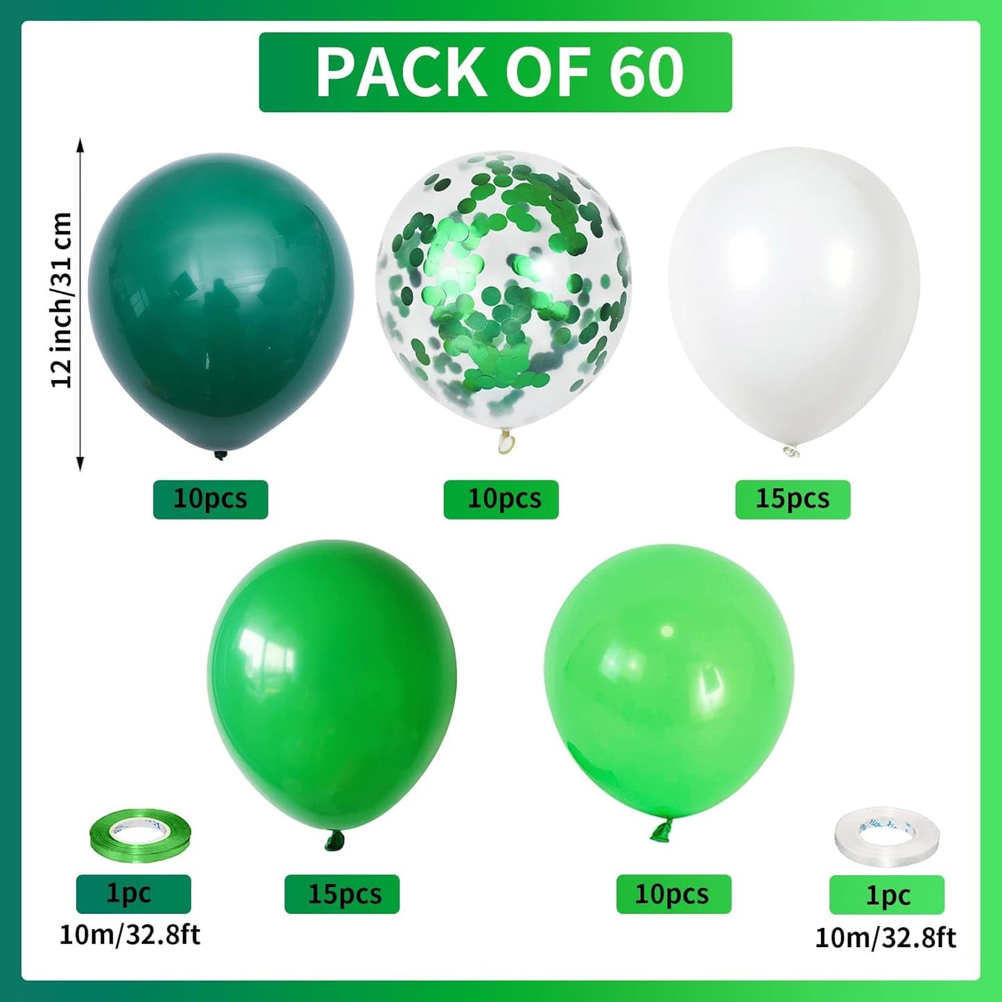 60 Pack Green Latex Balloons, 12 Inch Matte White Dark Emerald Green Light Lime Green Confetti Helium Balloons, Assorted Green White Balloons for Jungle Dinosaur Birthday Baby Shower Party Decorations