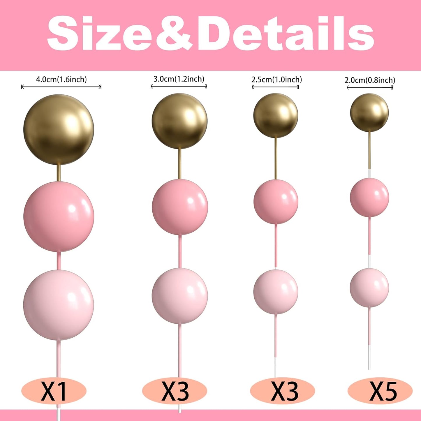 36 Pack Balls Cake Topper Decorations Foam Balloons Cake Decorations Sticks Mini Balloons Cake Toppers Balls Cake Picks for Baby Shower Wedding Anniversary Birthday Party Decorations Pink Gold