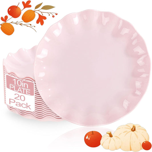 LIYH 20 Pcs 10 Inch Pink Scalloped Plastic Plates Reusable - Unbreakable Plastic Wavy Plates for Weddings Party Outdoor Picnics Dishwasher Safe BPA Free 10" Dinner Plate