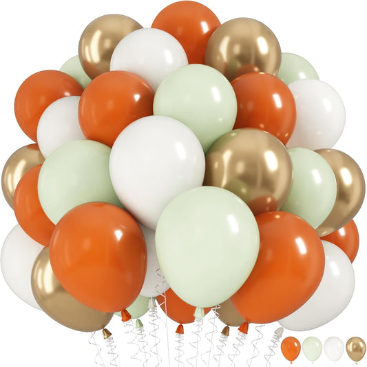 Fall Balloons Set, 12 Inch Thanksgiving Balloons, Retro Burnt Terracotta Rust Orange Dusty Sage Mint Green White Metallic Gold Latex Balloon for Thanksgiving Autumn Harvest Fall Birthday Decorations