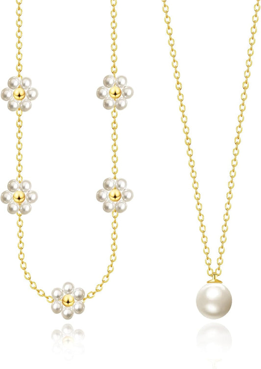 OGD Gold Pearl Necklaces Set for Women 14K Gold Plated Dainty Layered Pearl Cute Daisy Pearl Choker Gold Necklace Gifts for Women Gold Trendy Jewelry Gifts