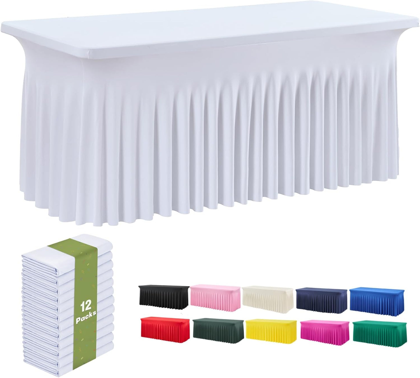 leegleri 12 Pack White Spandex Fitted Table Clothes for 6 Foot Rectangle Tables, Wrinkle Free 6ft Spandex Table Cover with Skirt for Banquet Weddings Parties