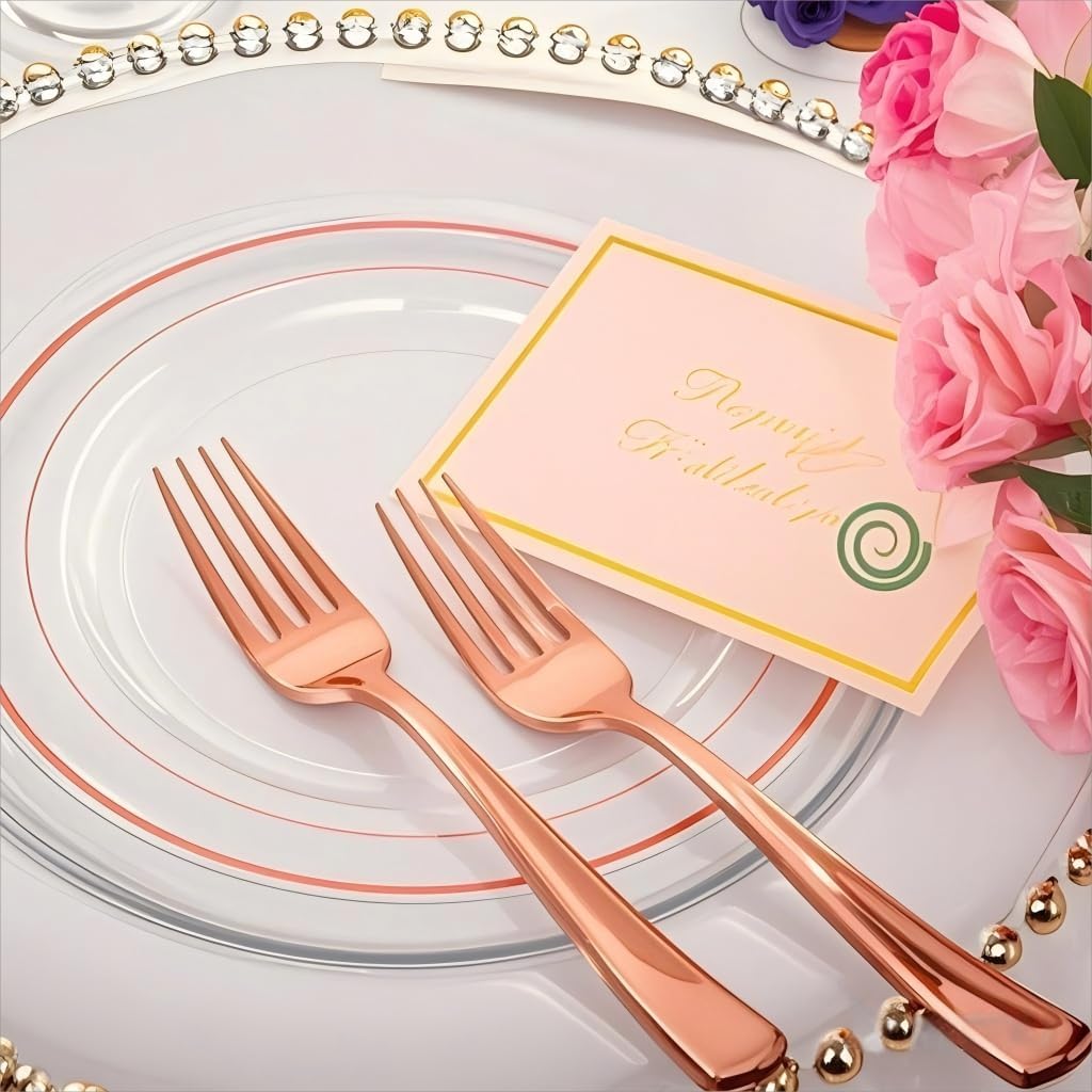 I00000 72 Pcs Rose Gold Plastic Dessert Plates7.5& 70 Pcs Plastic Forks7.4, Premium Salad Plates, Heavy Duty Disposable Plate for Party,Disposable Appetizer Plates Great for Wedding
