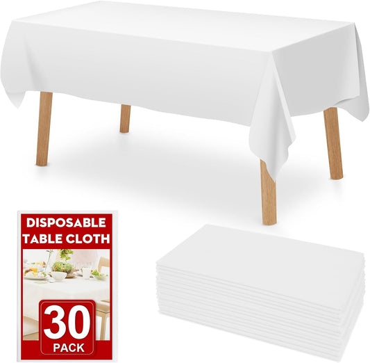 30 Pack White Plastic Table Cloths Disposable, 54 x 108 Inches Plastic Table Cover for Rectangle Tables, Disposable Tablecloth for Dinning, Parties, BBQ, Wedding, Outdoor