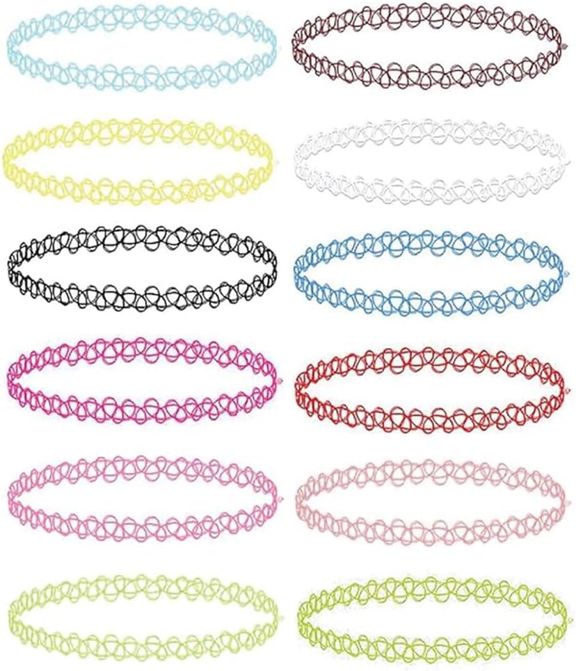 BodyJ4You 12PC Tattoo Choker Necklace - 90s Accessories 2000s Jewelry Y2K Fashion Vintage Trendy - Rainbow Goth Black Pink Green Blue White - Adjustable Stretchy Elastic Necklace Summer Vacation Set