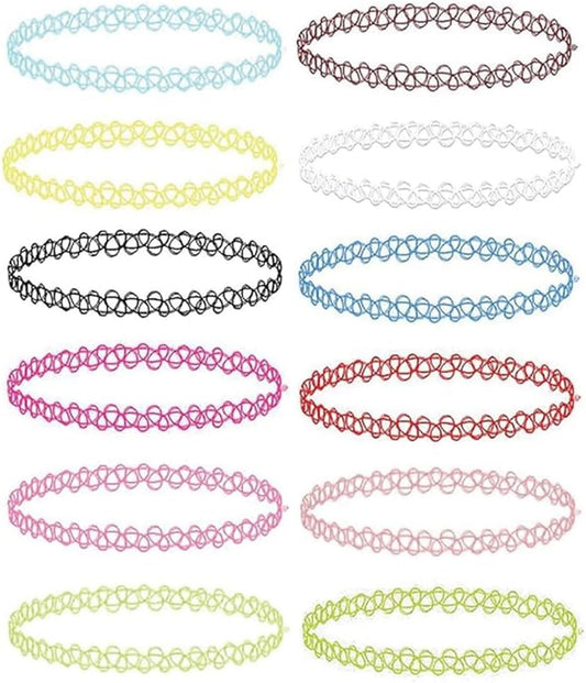 BodyJ4You 12PC Tattoo Choker Necklace - 90s Accessories 2000s Jewelry Y2K Fashion Vintage Trendy - Rainbow Goth Black Pink Green Blue White - Adjustable Stretchy Elastic Necklace Summer Vacation Set
