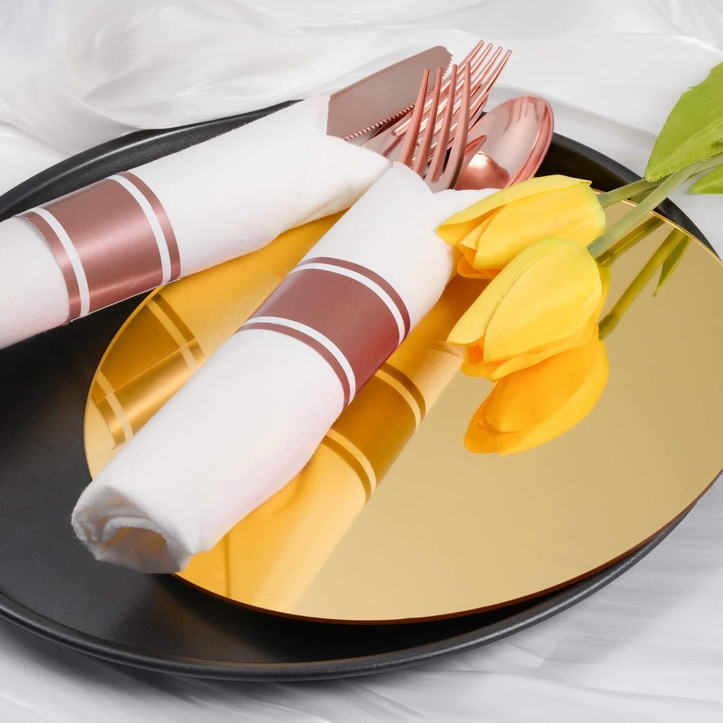 Rose Gold Disposable Plastic Silverware - 100Pack Pre Rolled Plastic Cutlery, Wrapped Party Silverware, Rolled Disposable Utensils with 100 Forks Knives Spoons Dinner Napkins for Party