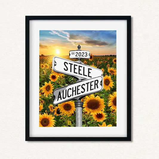 Personalized Name Vintage Street Sign Canvas Poster Love Gifts, Crossroads Wedding Date Names Street Signs Sunflower Poster Canvas Love Gift For Anniversary,Wedding,Birthday And Holidays