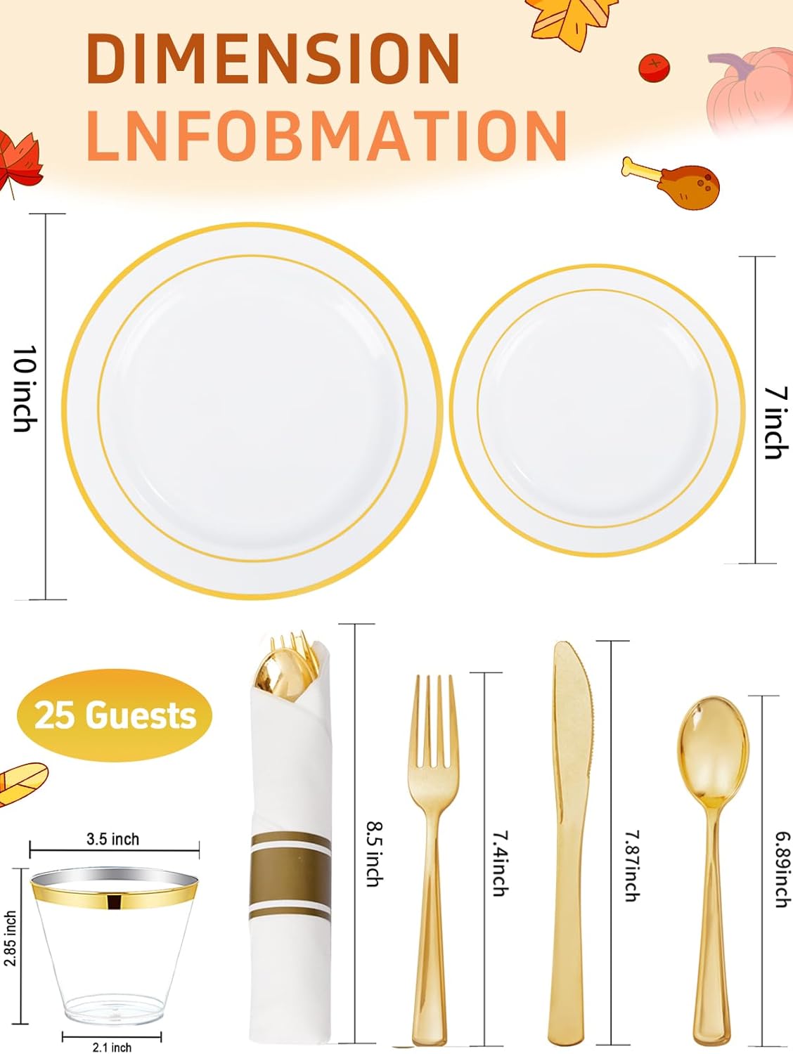 175PCS White and Gold Plastic Plates - Thanksgiving Plates with Rolled Napkins for Party - 25Guest Disposable Dinnerware Sets for Party/Thanksgiving/Wedding