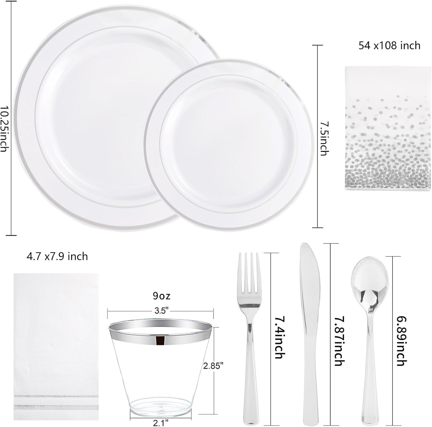 GATHER 176 Pieces Silver Plates - Disposable Silver Plastic Plates Includes 50 Plates, 75 Silverware, 25 Napkins, 25 Silver Rimmed Cups and 1 Tablecloth Perfect for Party & Weding