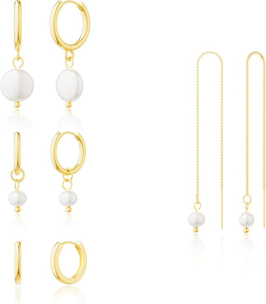 Moodear Gold Earrings for Women No Tarnish - Trendy 14K Gold Plated Pearl Hoop Studs Chain Earrings Stacks for Women Wedding Jewelry Gift