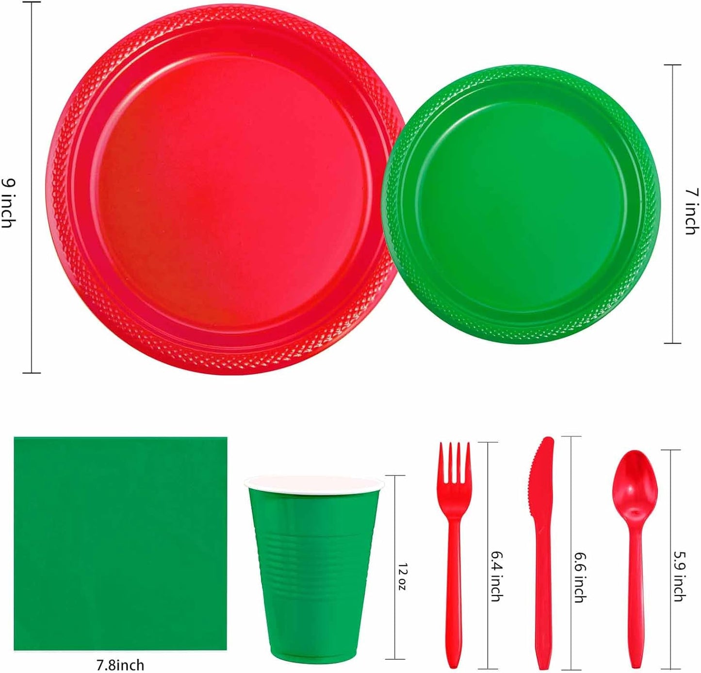 WELLIFE 210Pcs Chrastmas Plates Disposable,Red and Green Plastic Plates,Including red Dinner Plates,Green Dessert Plates, Red Plastic Cutlery, 12OZ green Cups and Napkins,Serve 30 Guests for Chrastmas