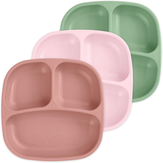 Re-Play Toddler Plates with Dividers - Deep-Walled 3 Compartments Divided Plates for Kids - Dishwasher & Microwave Safe - Made in USA - Set of 3-7.37" x 7.37" x 1.25" - Desert Roses