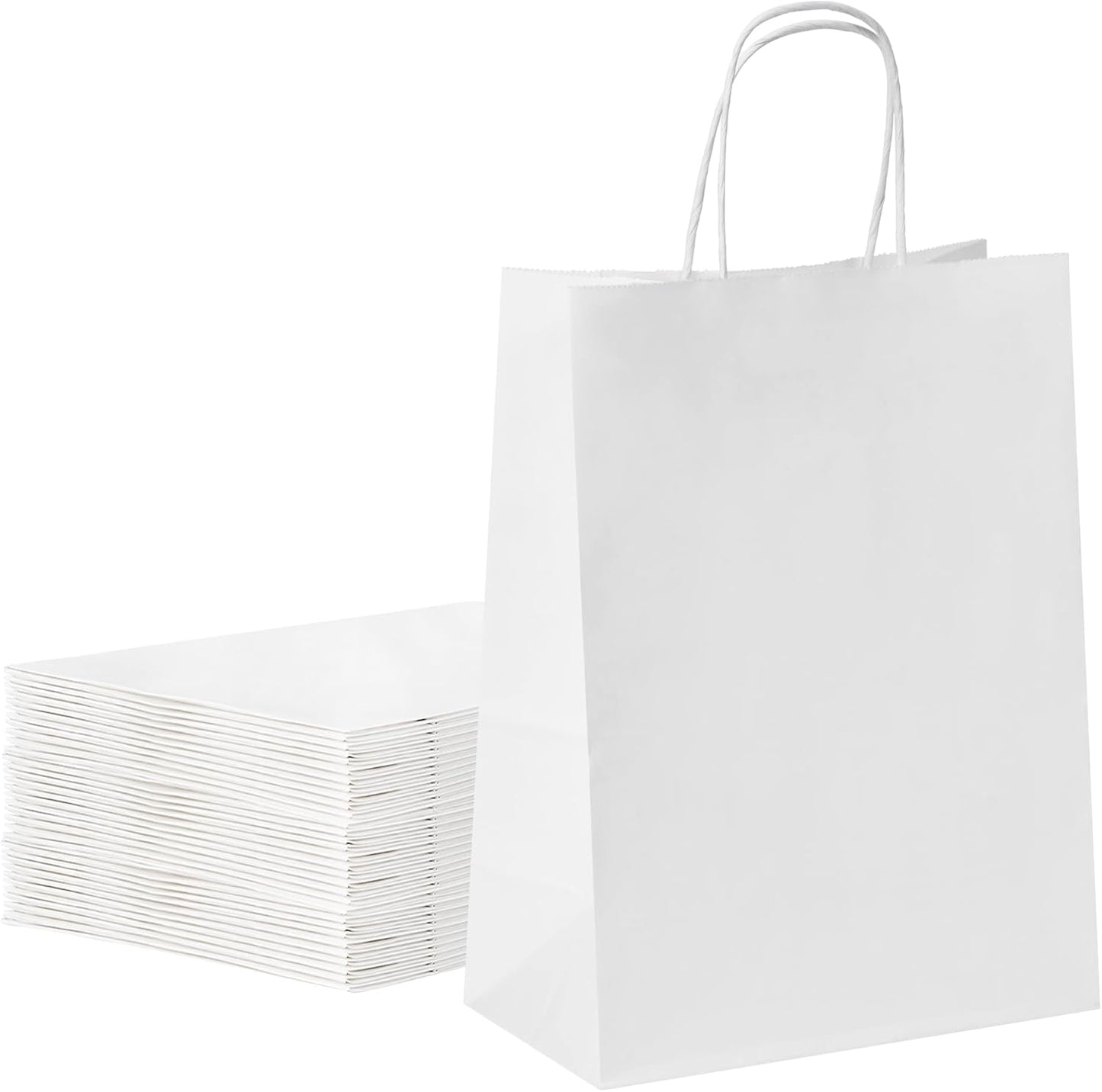 YEEHAW Medium Gift Bag, 50Pcs White Kraft Paper Bags with Handles, Eco-Friendly, Bulk Pack, 8''x4.5''x10.8'', Ideal for Wedding, Birthday, Party Favors, Holiday Gifts, Retail Bags